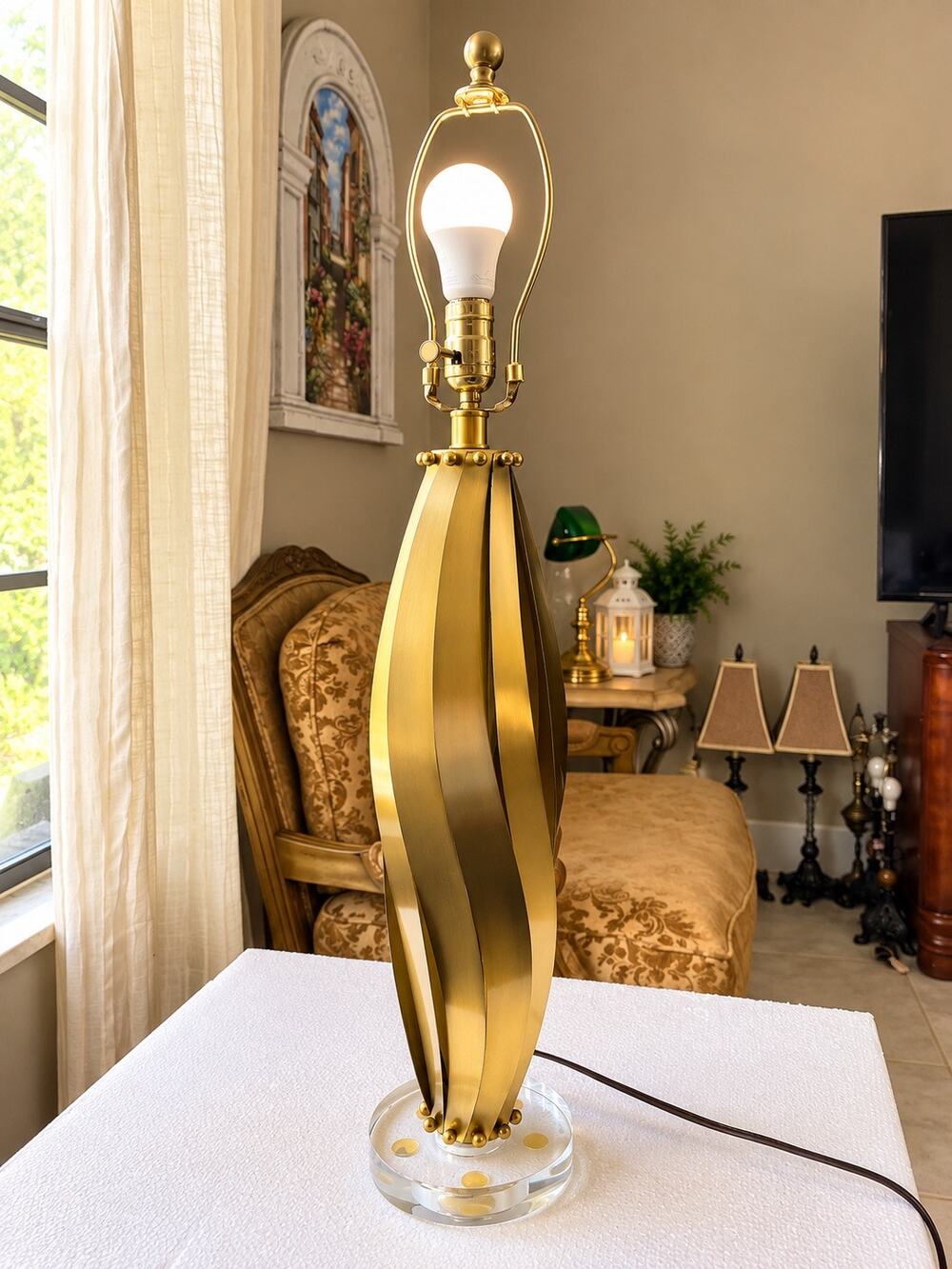 Elegant Gold Table Lamp with Gold Sculptural Metal Body Modern Acrylic Base